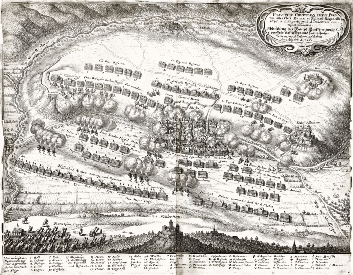 Merian, Matthaeus d. .: Die Schlacht bei Alerheim aus: Theatrum Europaeum, Band V, 2. Aufl., Frankfurt am Main: M. Merian, 1651. - Exemplar der Universittsbibliothek Augsburg, Sign. 02/IV.13.2.26-5