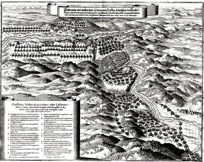 Osten, Carl Henric von; Busch, Cornelius von dem: Schlacht bei Zusmarshausen aus: aus: Theatrum Europaeum, Band VI, 2. Aufl., Frankfurt am Main: M. Merian, 1663.- Exemplar der Universittsbibliothek Augsburg, Sign. 02/IV.13.2.26-6